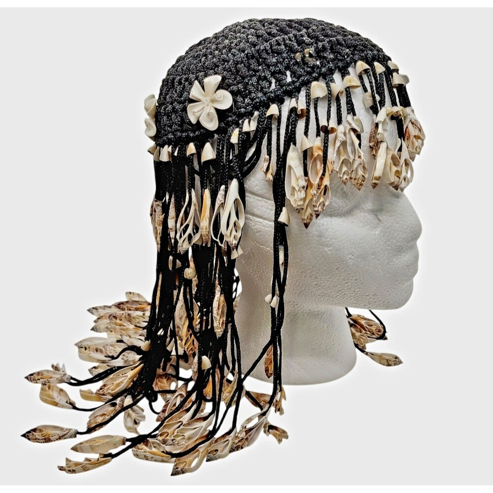 Original 1970s Cowrie Chula Sea Shells Crown Head Piece Black Crochet Base